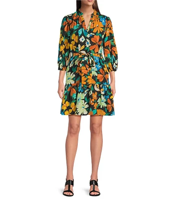 Jessica Howard Floral Print Split V-Neck 3/4 Sleeve Fit-And-Flare Dress