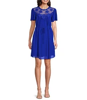 Jessica Howard Lace Yoke Crew Neck Short Sleeve Belted A-Line Dress
