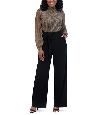 Jessica Howard Metallic Crinkle Chiffon ITY Mock Neck Long Sleeve Tie Waist Jumpsuit