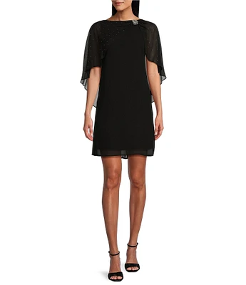 Jessica Howard Petite Size Chiffon Boat Neck Sleeveless Rhinestone Caped Cocktail Shift Dress