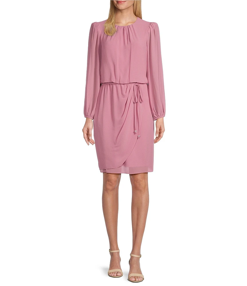 Jessica Howard Petite Size Crew Neck Balloon Sleeve Spaghetti Tie Belt with Rhinestone Trim Souffle Chiffon Blouson Dress