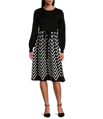 Jessica Howard Petite Size Crew Neck Long Sleeve Fit and Flare Midi Sweater Dress