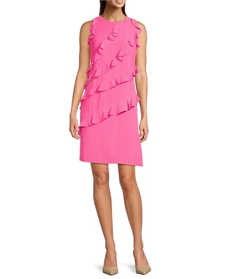 Jessica Howard Petite Size Crew Neck Sleeveless Ruffle Shift Dress