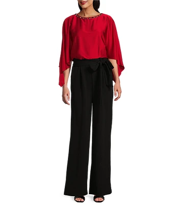 Jessica Howard Petite Size Embellished Boat Neck Cape Sleeve Tie Waist Jumpsuit