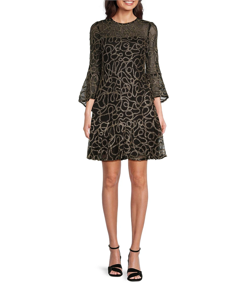 Jessica Howard Petite Size Embellished Mesh Crew Neck Bell Sleeve A-Line Dress