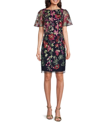 Jessica Howard Petite Size Floral Embroidered Mesh Sheath Dress