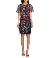 Jessica Howard Petite Size Floral Embroidered Mesh Sheath Dress