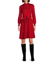 Jessica Howard Petite Size Mock Neck Long Sleeve Pleated Skirt Tie Sash A-Line Midi Sweater Dress