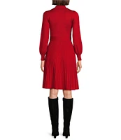 Jessica Howard Petite Size Mock Neck Long Sleeve Pleated Skirt Tie Sash A-Line Midi Sweater Dress