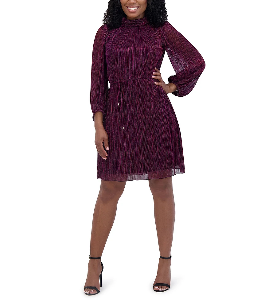 Jessica Howard Petite Size Pleated Metallic Mesh Mock Neck Balloon Sleeve Belted Dress