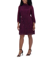 Jessica Howard Petite Size Pleated Metallic Mesh Mock Neck Balloon Sleeve Belted Dress