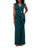 Jessica Howard Petite Size Portrait Collar Cap Sleeve Cascading Ruffle Gown