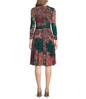 Jessica Howard Petite Size Printed Mesh Shirred Crew Neck 3/4 Sleeve Ruched Waist Midi Dress