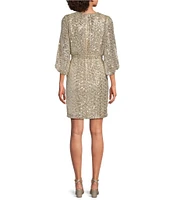 Jessica Howard Petite Size Sequin Pleated Neck 3/4 Sleeve Blouson Cocktail Dress