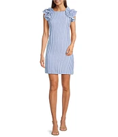 Jessica Howard Petite Size Stripe Seersucker Crew Neck Ruffle Shoulder Sleeveless Shift Dress