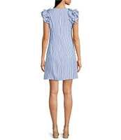 Jessica Howard Petite Size Stripe Seersucker Crew Neck Ruffle Shoulder Sleeveless Shift Dress