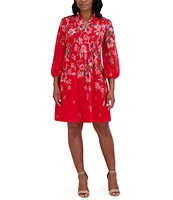 Jessica Howard Petite Size Tie Split Neck Long Balloon Sleeve Pleated Bodice Chiffon Shift Dress