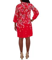 Jessica Howard Petite Size Tie Split Neck Long Balloon Sleeve Pleated Bodice Chiffon Shift Dress