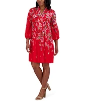 Jessica Howard Petite Size Tie Split Neck Long Balloon Sleeve Pleated Bodice Chiffon Shift Dress