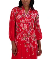 Jessica Howard Petite Size Tie Split Neck Long Balloon Sleeve Pleated Bodice Chiffon Shift Dress