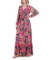 Jessica Howard Petite Size V-Neck Long Sleeve Tie Sash Chiffon Faux Wrap Maxi Dress