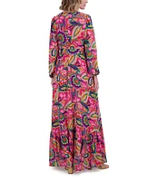Jessica Howard Petite Size V-Neck Long Sleeve Tie Sash Chiffon Faux Wrap Maxi Dress
