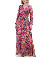 Jessica Howard Petite Size V-Neck Long Sleeve Tie Sash Chiffon Faux Wrap Maxi Dress