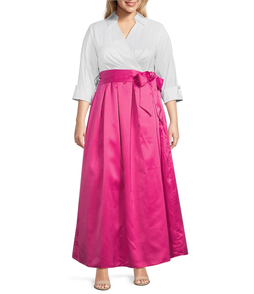 Jessica Howard Plus Size 3/4 Cuff Sleeve Collared V-Neck Tie Sash Ball Gown