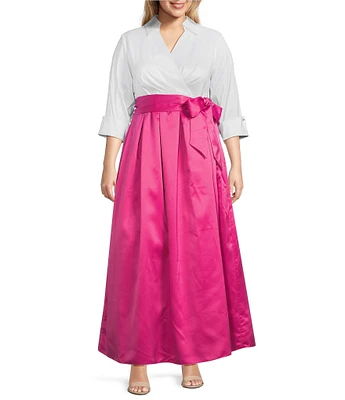 Jessica Howard Plus Size 3/4 Cuff Sleeve Collared V-Neck Tie Sash Ball Gown