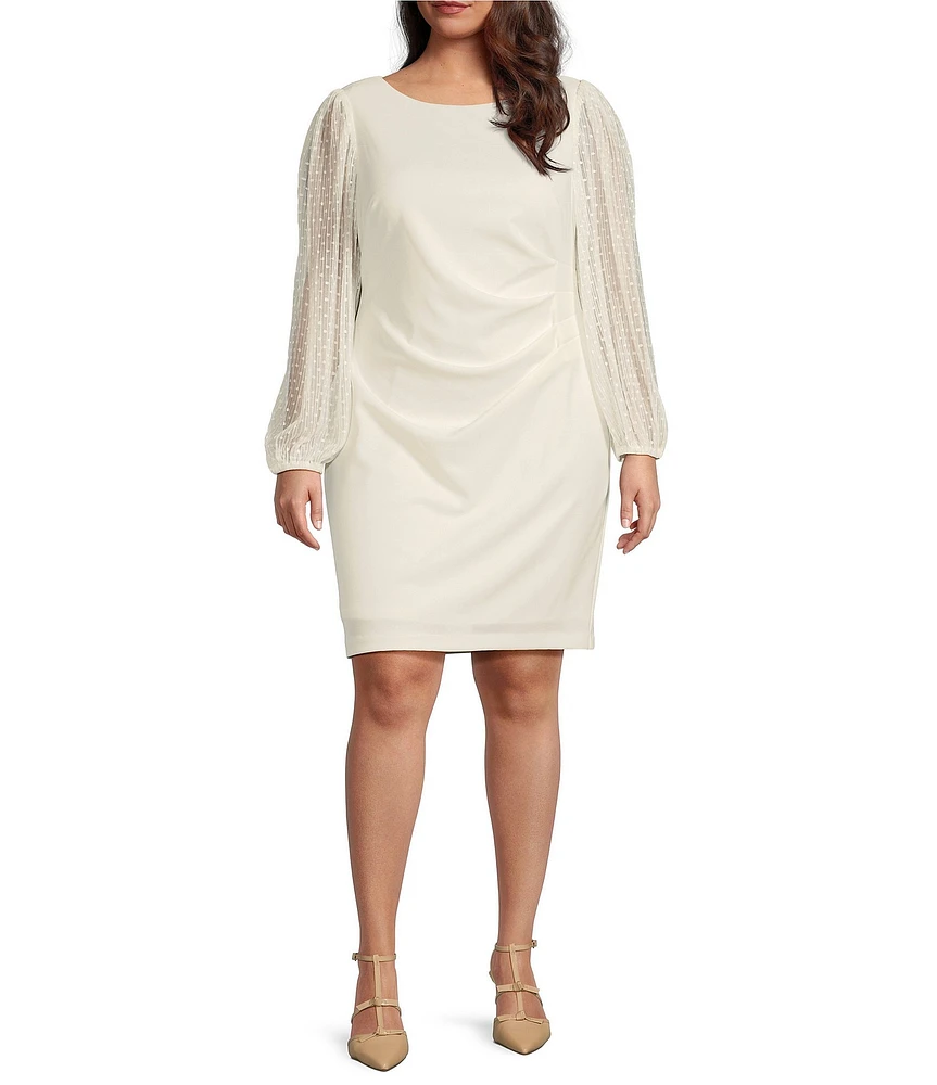 Jessica Howard Plus Size Boat Neck Long Dotted Illusion Sleeve Scuba Crepe Sheath Dress