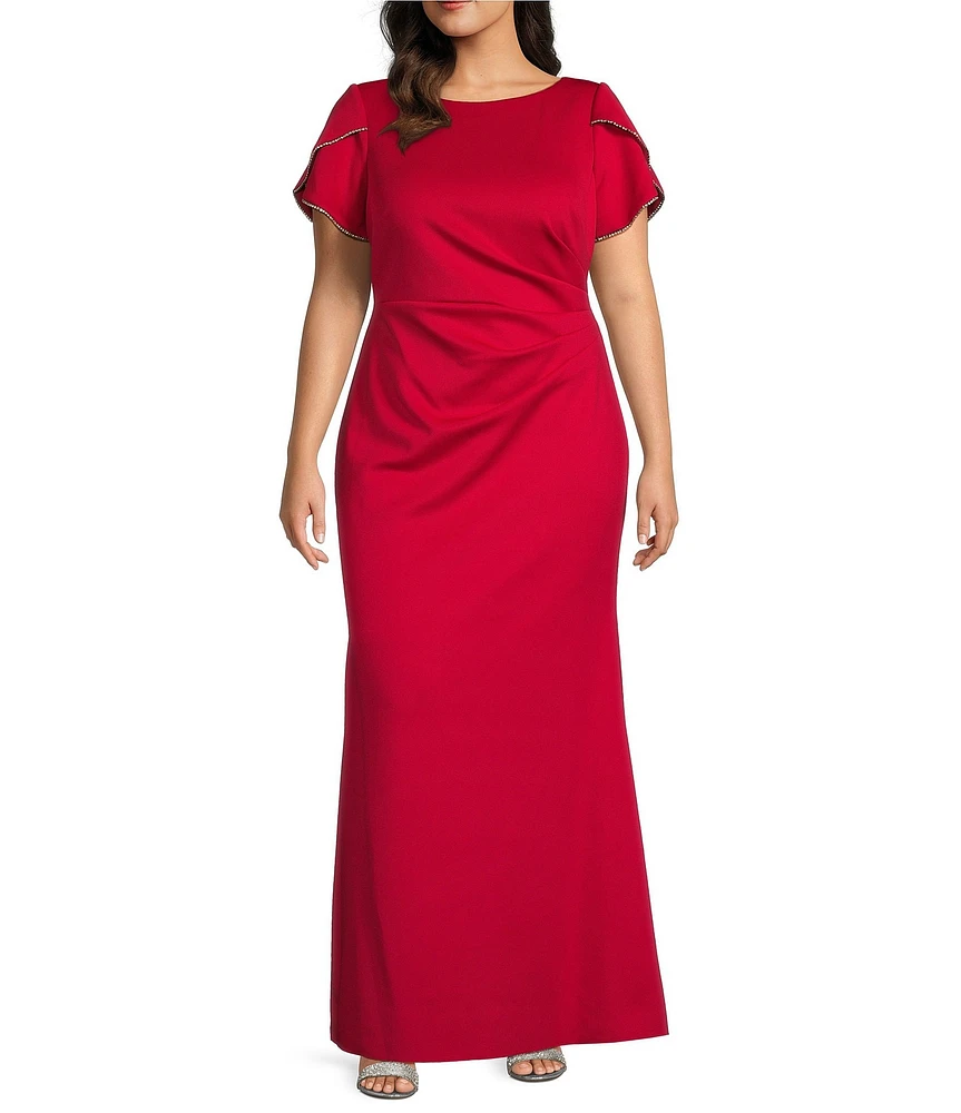 Jessica Howard Plus Size Boat Neck Tulip Sleeve Rhinestone Trim Sheath Gown