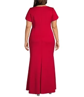 Jessica Howard Plus Size Boat Neck Tulip Sleeve Rhinestone Trim Sheath Gown