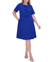 Jessica Howard Plus Size Crew Neck Short Sleeve Bow Front Scuba Crepe Midi Dress
