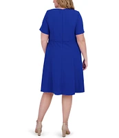 Jessica Howard Plus Size Crew Neck Short Sleeve Bow Front Scuba Crepe Midi Dress