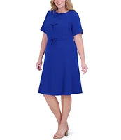 Jessica Howard Plus Size Crew Neck Short Sleeve Bow Front Scuba Crepe Midi Dress