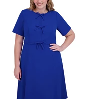 Jessica Howard Plus Size Crew Neck Short Sleeve Bow Front Scuba Crepe Midi Dress