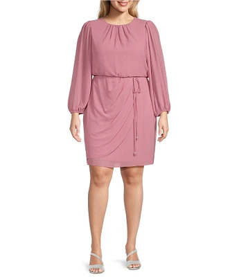 Jessica Howard Plus Size Crew Neck Balloon Sleeve Spaghetti Tie Belt with Rhinestone Trim Souffle Chiffon Blouson Dress