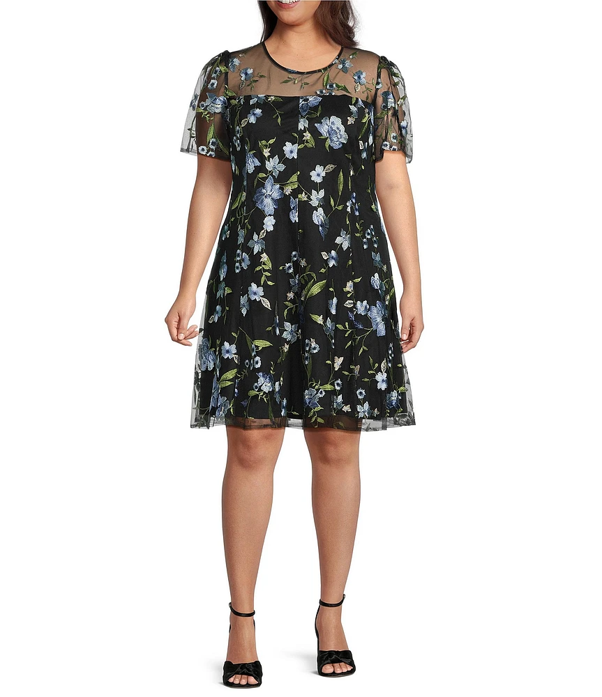 Jessica Howard Plus Size Crew Neck Elbow Sleeve Floral Embroidered Fit-and-Flare Dress