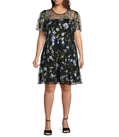 Jessica Howard Plus Size Crew Neck Elbow Sleeve Floral Embroidered Fit-and-Flare Dress
