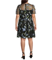Jessica Howard Plus Size Crew Neck Elbow Sleeve Floral Embroidered Fit-and-Flare Dress