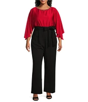 Jessica Howard Plus Size Embellished Boat Neck Cape Sleeve Tie Waist Jumpsuit