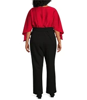 Jessica Howard Plus Size Embellished Boat Neck Cape Sleeve Tie Waist Jumpsuit