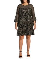 Jessica Howard Plus Size Embellished Mesh Round Neck 3/4 Bell Sleeve Flounce Hem Dress