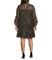 Jessica Howard Plus Size Embellished Mesh Round Neck 3/4 Bell Sleeve Flounce Hem Dress