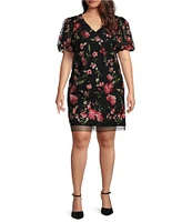 Jessica Howard Plus Size Embroidered Mesh V-Neck Bubble Sleeve Sheath Dress