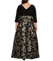 Jessica Howard Plus Size Floral Metallic Jacquard Boat Neck 3/4 Sleeve Tie Sash Ball Gown