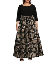 Jessica Howard Plus Size Floral Metallic Jacquard Boat Neck 3/4 Sleeve Tie Sash Ball Gown