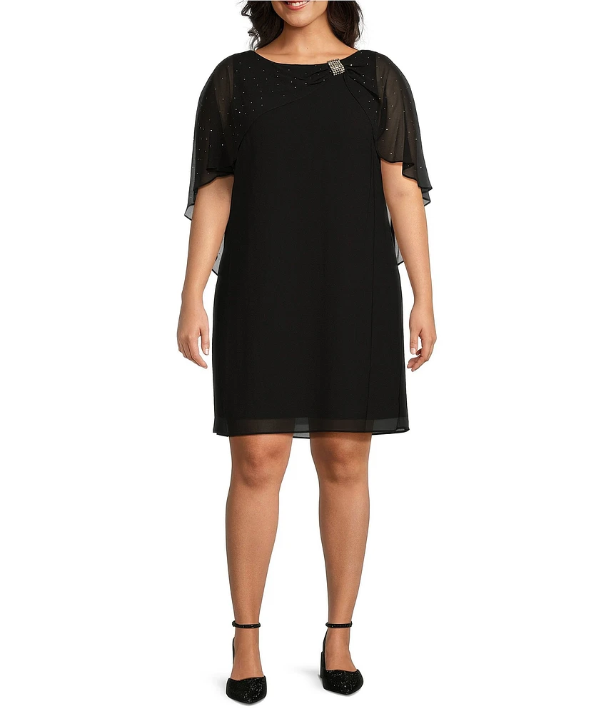 Jessica Howard Plus Size Novelty Chiffon Boat Neck Rhinestone Caped Cocktail Shift Dress