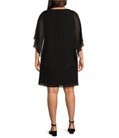 Jessica Howard Plus Size Novelty Chiffon Boat Neck Rhinestone Caped Cocktail Shift Dress