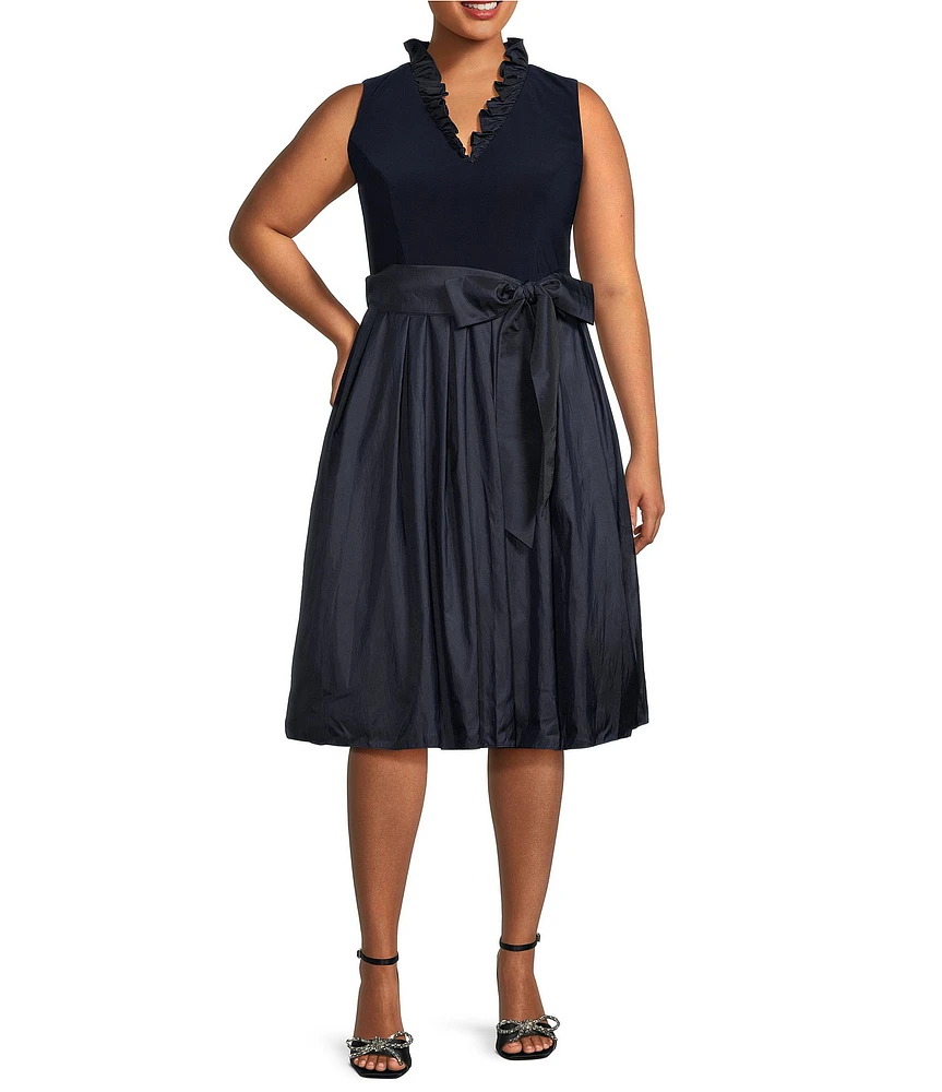 Jessica Howard Plus Size Ruffle V-Neck Sleeveless Tie Waist Pleated Fit and Flare Dress